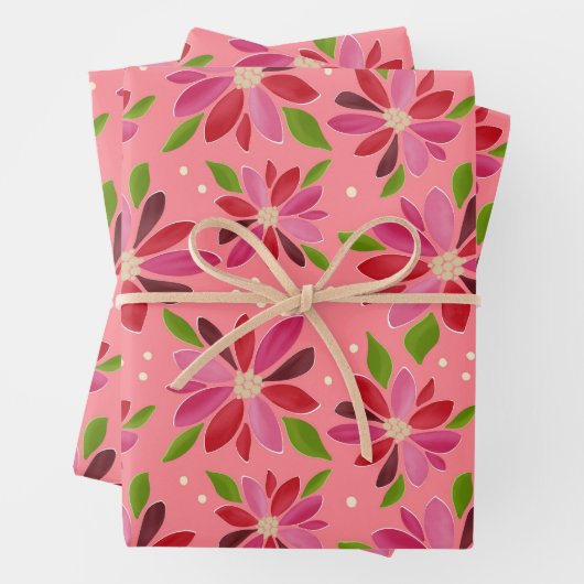 Poinsettia roze geschenkverpakking 3 verpakking inpakpapier vel (In situ)