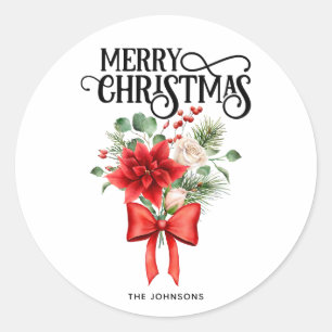 Poinsettia Rozen Kerstbloem boeket Ronde Sticker