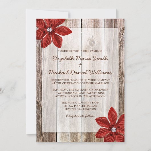 Poinsettia Rustic Barn Wood Wedding Invitting Kaart (Voorkant)