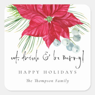 Poinsettia Script Eat Drink is naam Prettige feest Vierkante Sticker