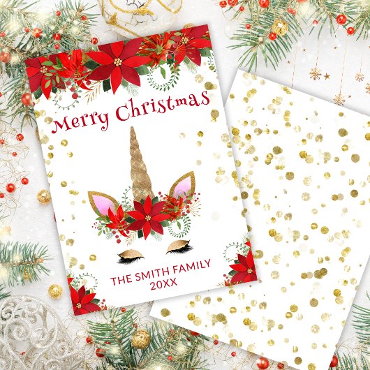 Poinsettia Unicorne avec carte rouge de Noël