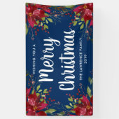 Poinsettia Vrolijk Kerstfeest Navy Blue Spandoek (Verticaal)