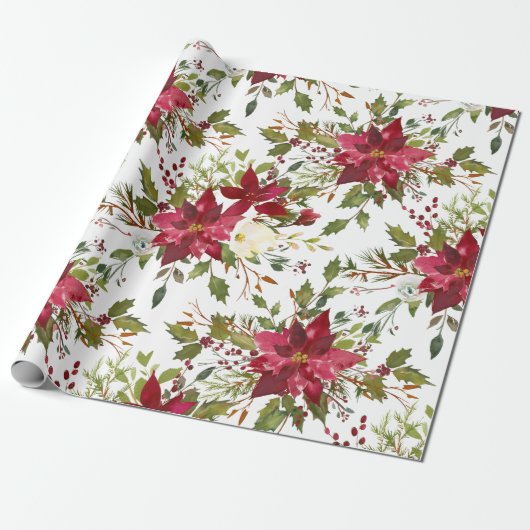 Poinsettia Waterverf Floral kerstcadeaus Cadeaupapier (Uitgerold)