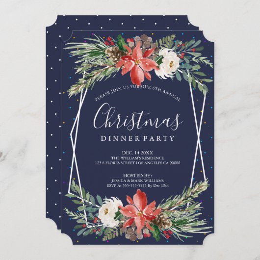 Poinsettia & white roses Kerstdiner Kaart (Voorkant / Achterkant)