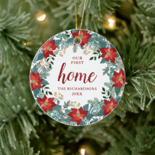 Poinsettia Wreatated onze eerste homesmas Keramisch Ornament