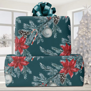 Poinsettias Christmas Blue Spruce Garland Blauwgro Cadeaupapier