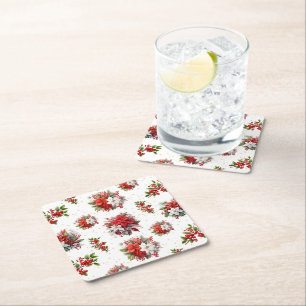 poinsettias en Holly Christmas White Vierkante Kartonnen Onderzetter