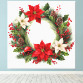 Poinsettias en Holly Kerstkrans Canvas Afdruk (Insitu (Houten vloer))