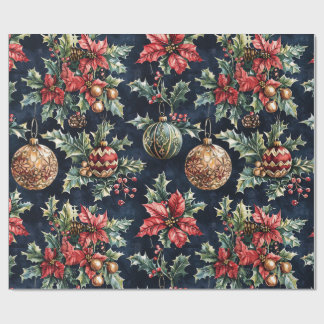 Poinsettia's en kerstversiering cadeaupapier