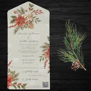 Poinsettia's & Hulst op Besneeuwde Salie QR Code All In One Uitnodiging