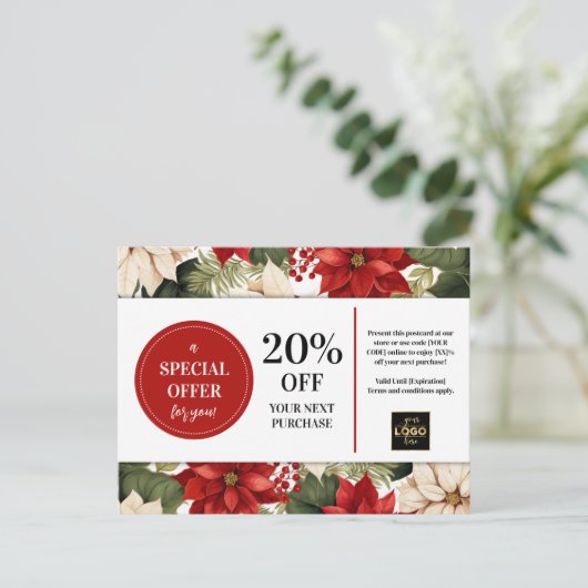 Poinsettias Kerst Aangepaste Coupon Korting Briefkaart (Staand voorkant)