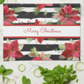 Poinsettias op Black, White Stripes Kitchen Towel Theedoek (Gevouwen)
