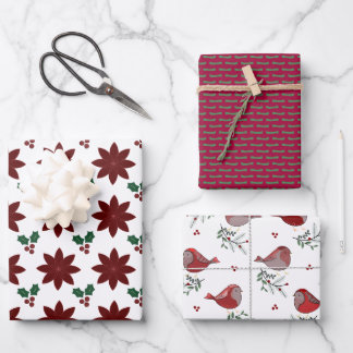 Poinsettia's, Stippen, Vogeltjes -  Inpakpapier Vel