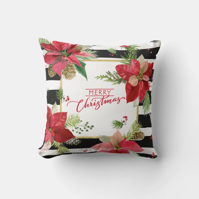 Poinsettias sur Noir, Blancs Coussin 3 (Recto)