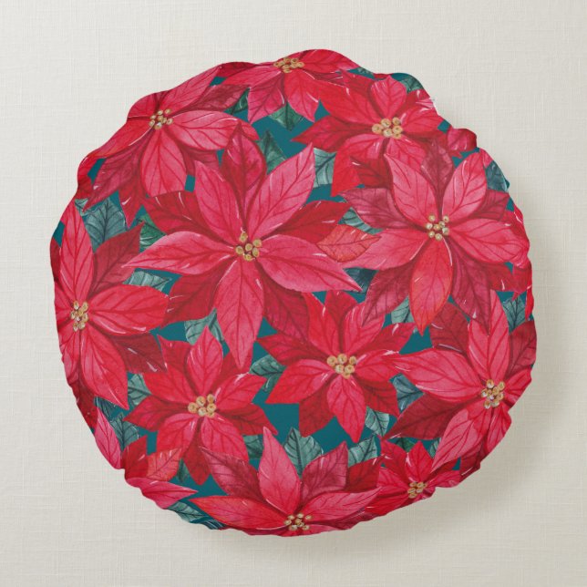 Poinssetias Winter Shelter Rond Kussen (Achterkant)