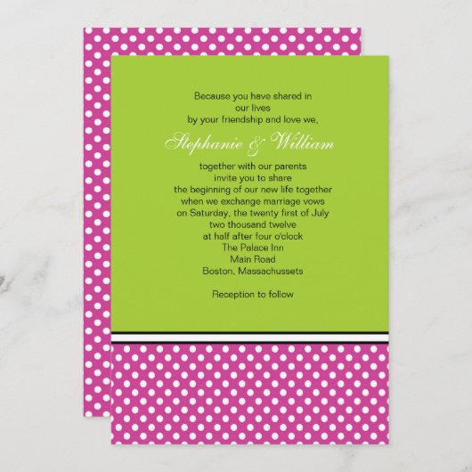 Point rose chaud et Faire-part de mariage vert (Devant / Derrière)