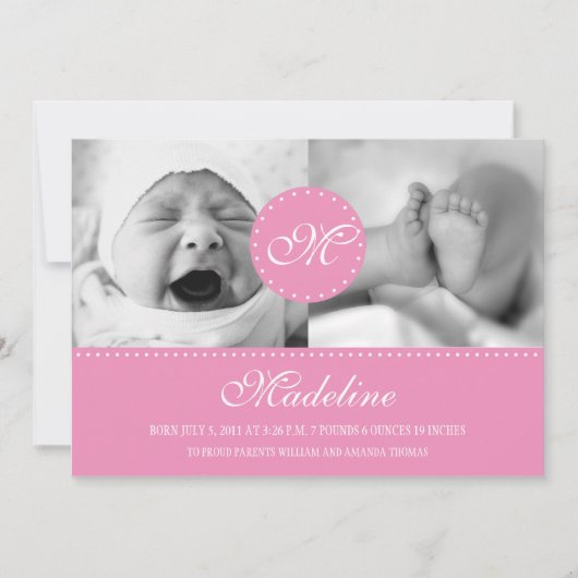 Point rose Polka avec Faire-part de naissance mono (Devant)