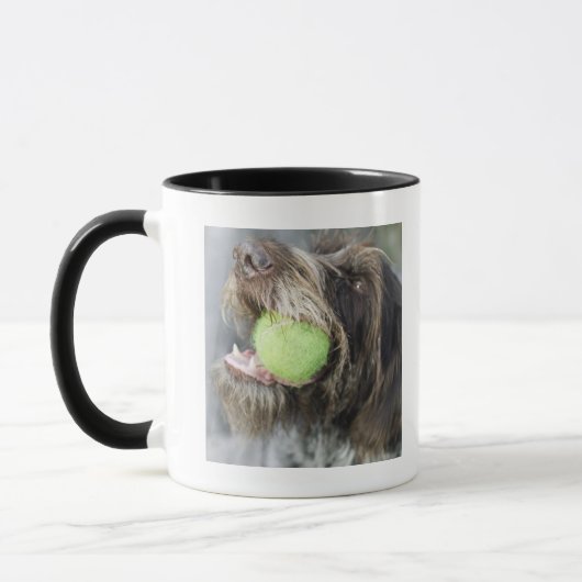 Pointer dog die tennisbal bijt, close-up mok (Links)