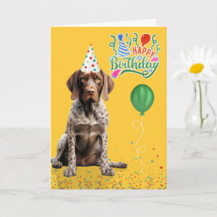Pointerhond in een feesthoed op gele verjaardag kaart
