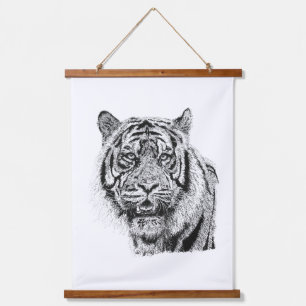 Pointillisme Tijger Kop Zwart & Wit Natuur Kunst  Hangend Wandkleed