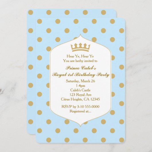 Points Bleus et or Royal Crown Prince Invitations (Devant / Derrière)
