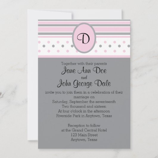Points et rayures roses et gris Invitation (Devant)