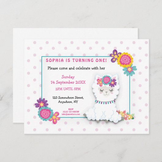 Points Llama blanc mignon Première invitation anni (Devant / Derrière)