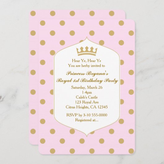 Points rose et or Royal Crown Princess Invitations (Devant / Derrière)