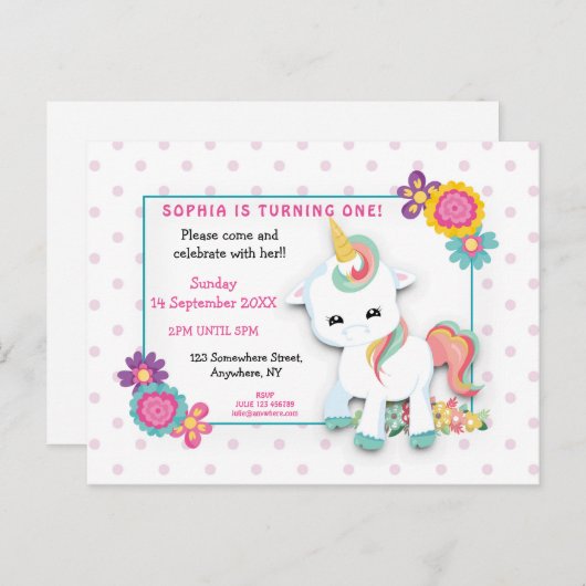 Points Unicorne blanc mignon première invitation a (Devant / Derrière)