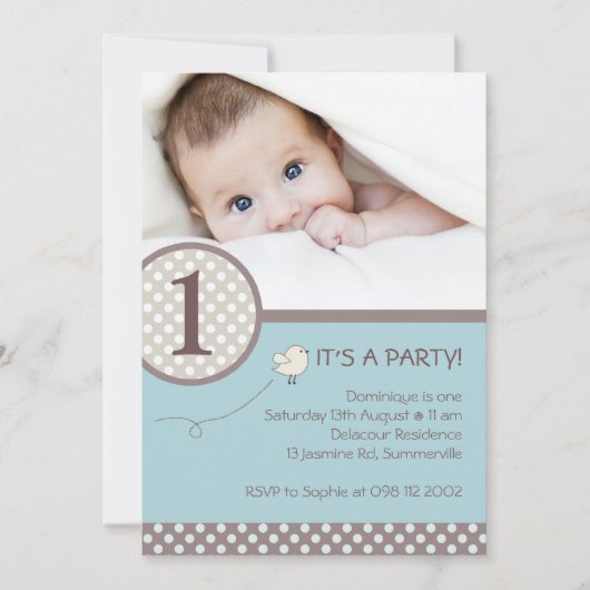 Pois Blue Kids Photo Invitation d'anniversaire (Devant)