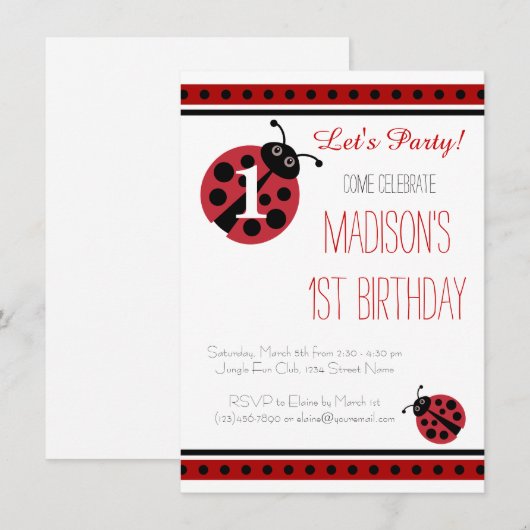 Pois de Ladybug Invitations de fête d'anniversaire (Devant / Derrière)