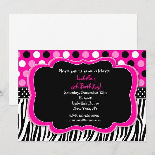 Pois d'impression Zebra Invitations BIrthday (Devant / Derrière)