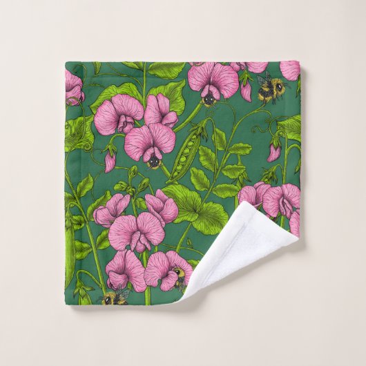 Pois doux et bourdons, vert et rose (Gant de toilette)