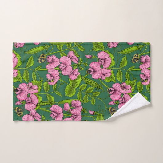 Pois doux et bourdons, vert et rose (Serviette à main)