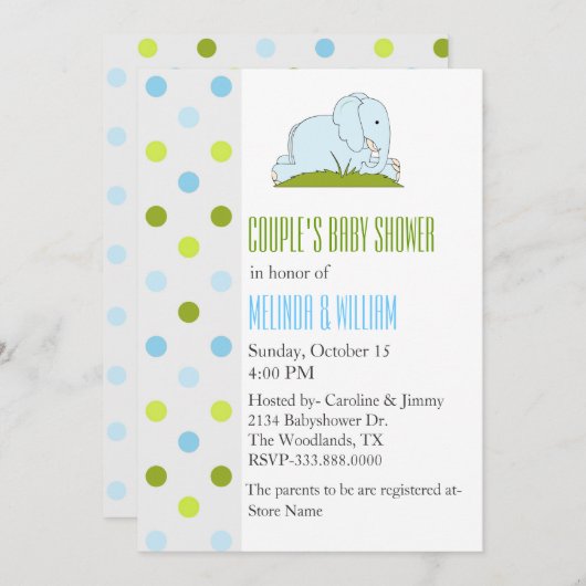 Pois et invitation de baby shower d'éléphant (Devant / Derrière)