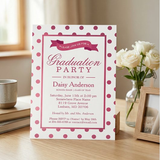 Pois rose Invitation du Graduation Party