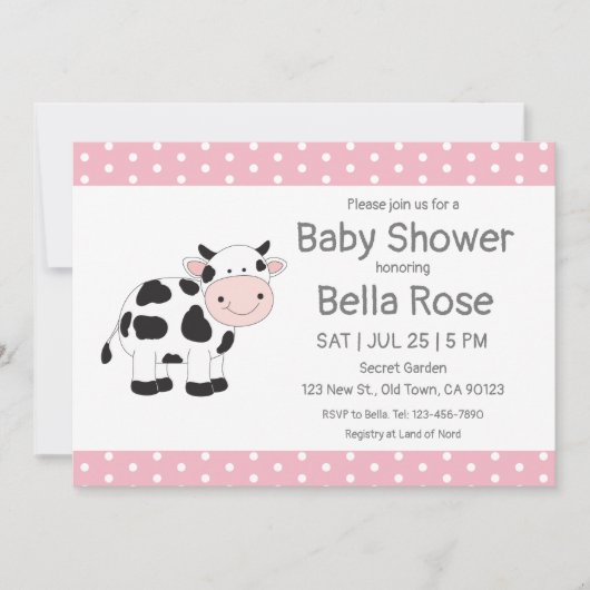 Pois rose Vache bébé douche Invitations (Devant)