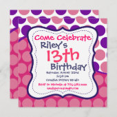 Pois rose violet Invitations de fête d'anniversair (Devant / Derrière)