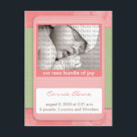 Pois roses Faire-part de naissance bébé<br><div class="desc">Cette précieuse carte postale faire-part de naissance est parfaite pour faire connaître à vos amis et à votre famille tout ce qui concerne votre nouveau paquet de joie. Ce sont des cartes postales, vous pouvez donc ajouter un timbre de 28 cents et en envoyer un à tout le monde! Si...</div>