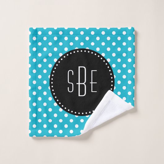 Pois turquoise et blanc avec monogramme noir (Gant de toilette)