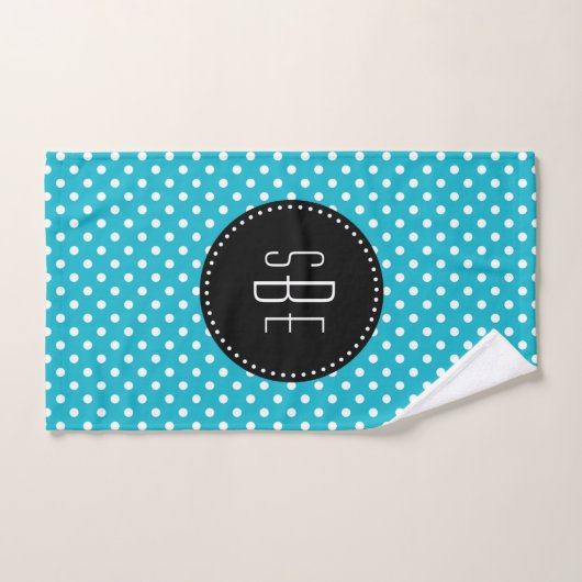 Pois turquoise et blanc avec monogramme noir (Serviette à main)