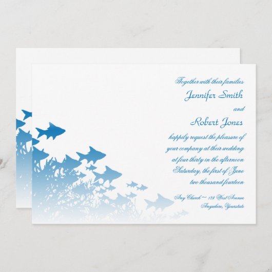 Poisson bleu et Faire-part de mariage corallienne (Devant / Derrière)