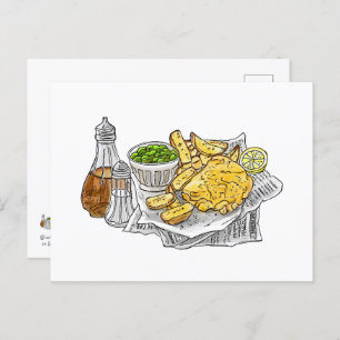 Poisson et chips sur une carte postale
