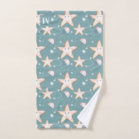 Poisson étoilé vert cygne foncé monogramme (Serviette à main)