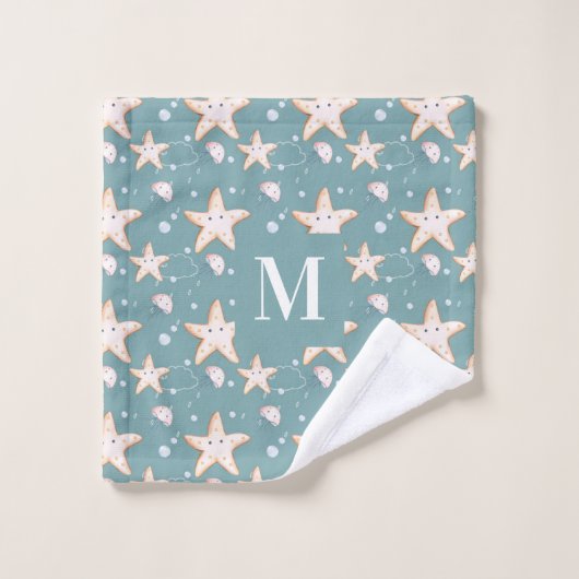 Poisson étoilé vert cygne foncé monogramme (Gant de toilette)