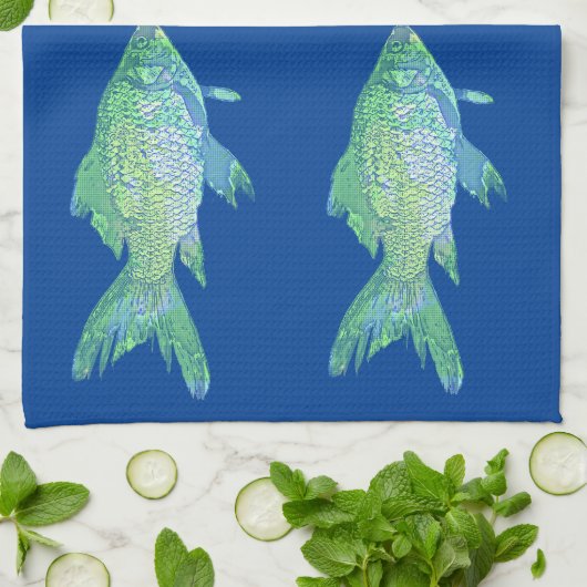 Poisson vert et bleu serviette de cuisine (Plié)
