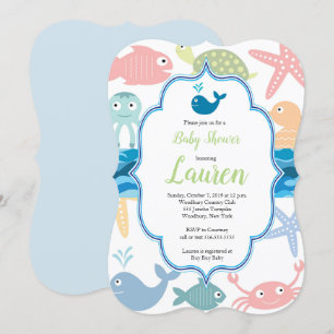Poissons et créatures marines invitation baby show