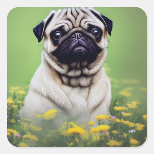 Pok in bloementveld vierkante sticker (Voorkant)