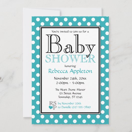 Poka Dot Turquoise Baby Shower Invitations (Devant)
