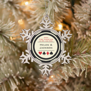 Poker Chip Eerste Kerstmis Mr. & Mrs Black Cream Tin Sneeuwvlok Ornament